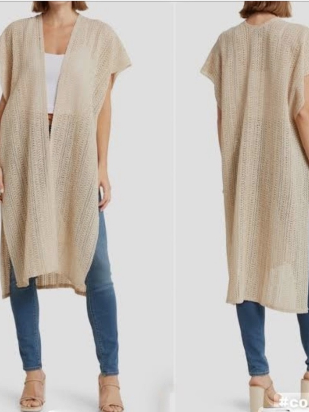 Steve Madden Open Weave Knit Tacked Vest Sand Beige Open-Front Tunic